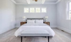 Bedroom with white walls and two side tables with lamps