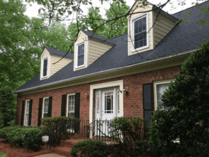 A house in blue color and bricks designs and trees in front