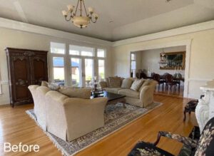 Beige living room furniture before renovation.